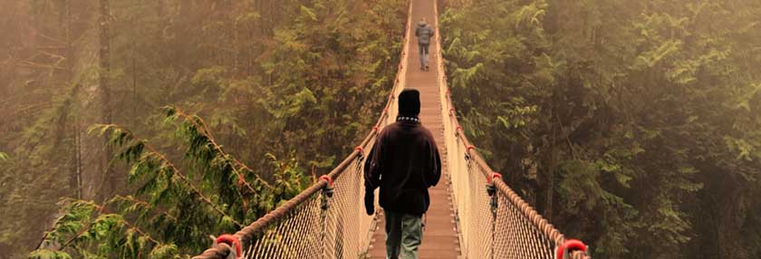Two people walking across a rope bridge