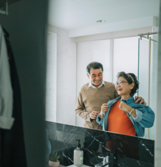 elderly couple mirror reflection in toilet