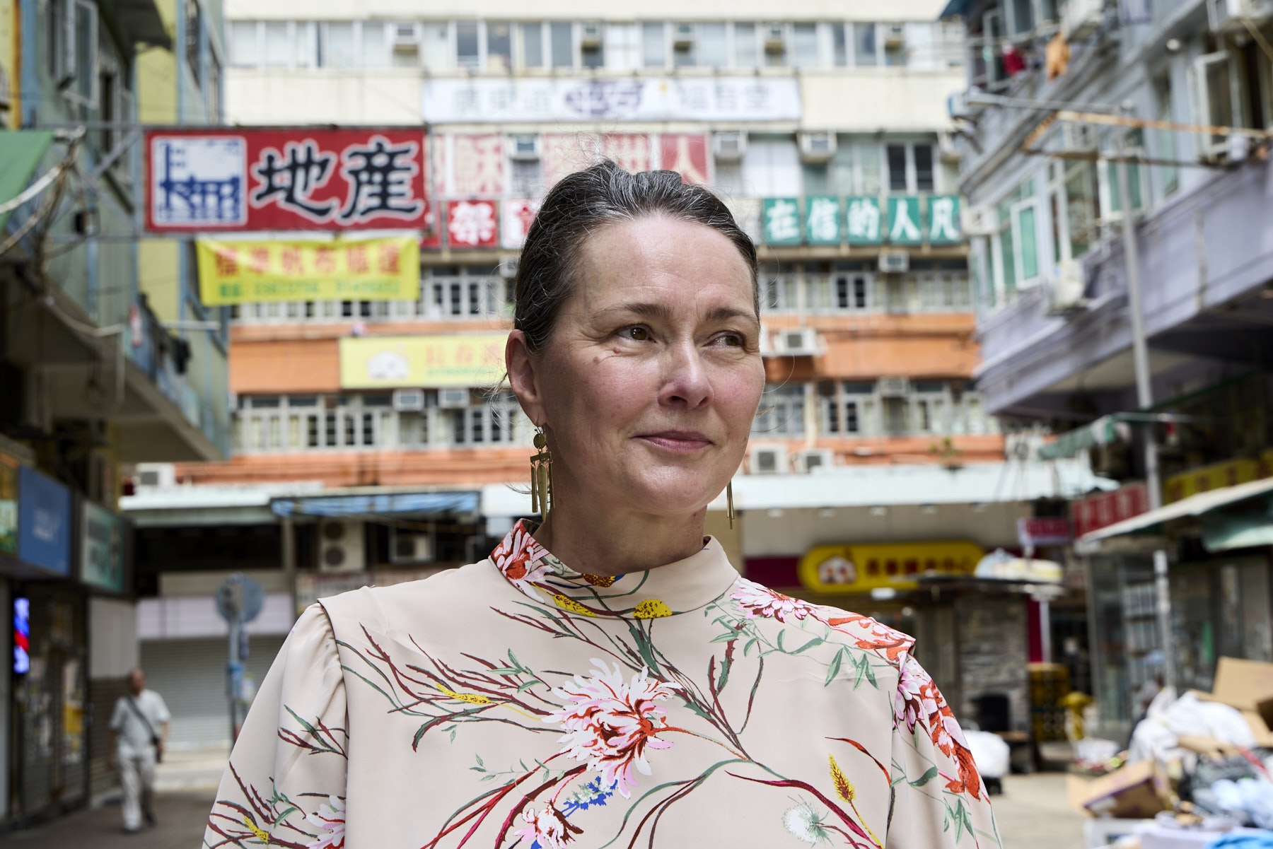 Kay with buildings